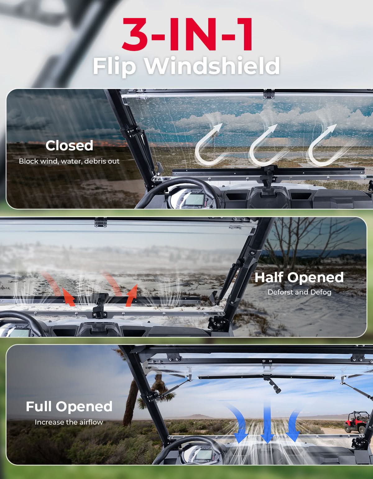 3-IN-1 Flip Windshield for Polaris Ranger XP 1000/ Crew XP 1000 2015-2026 - Image 2