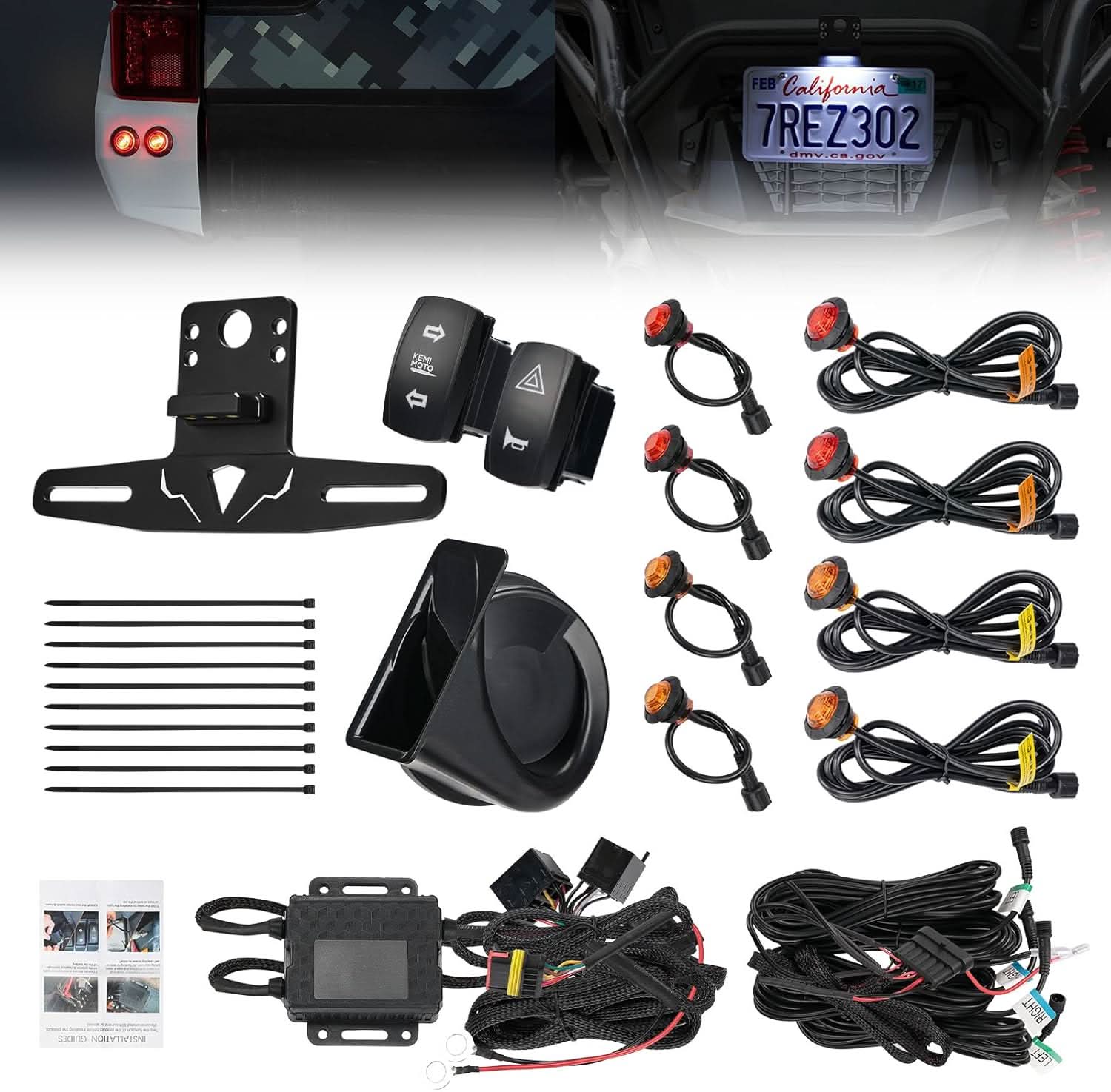 4 Amber & 4 Red Round UTV Turn Signal Light Kit with Horn & License Plate Holder for Polaris, Can-Am, Teryx, CFMOTO