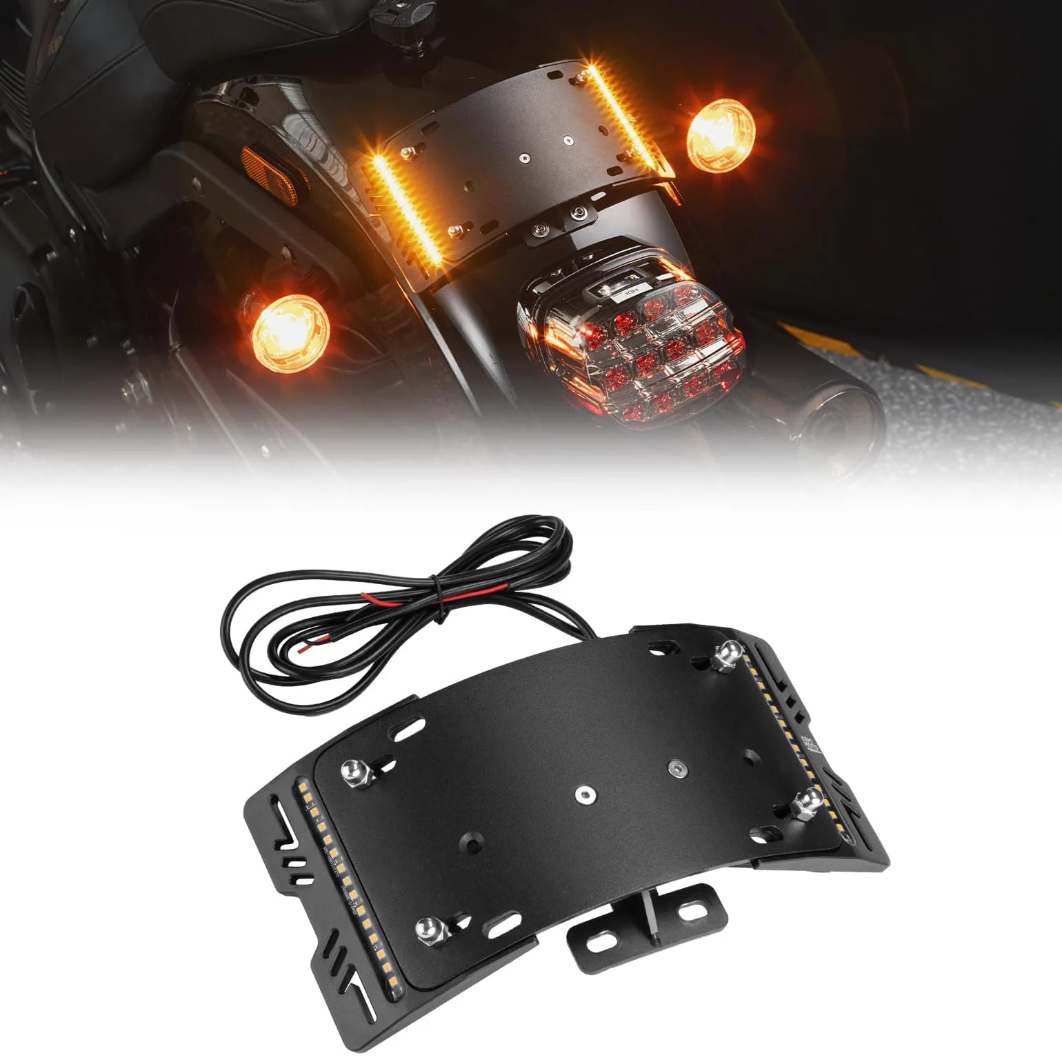License Plate Bracket Holder W/ Amber LED Light for Softail Cruiser Low Rider