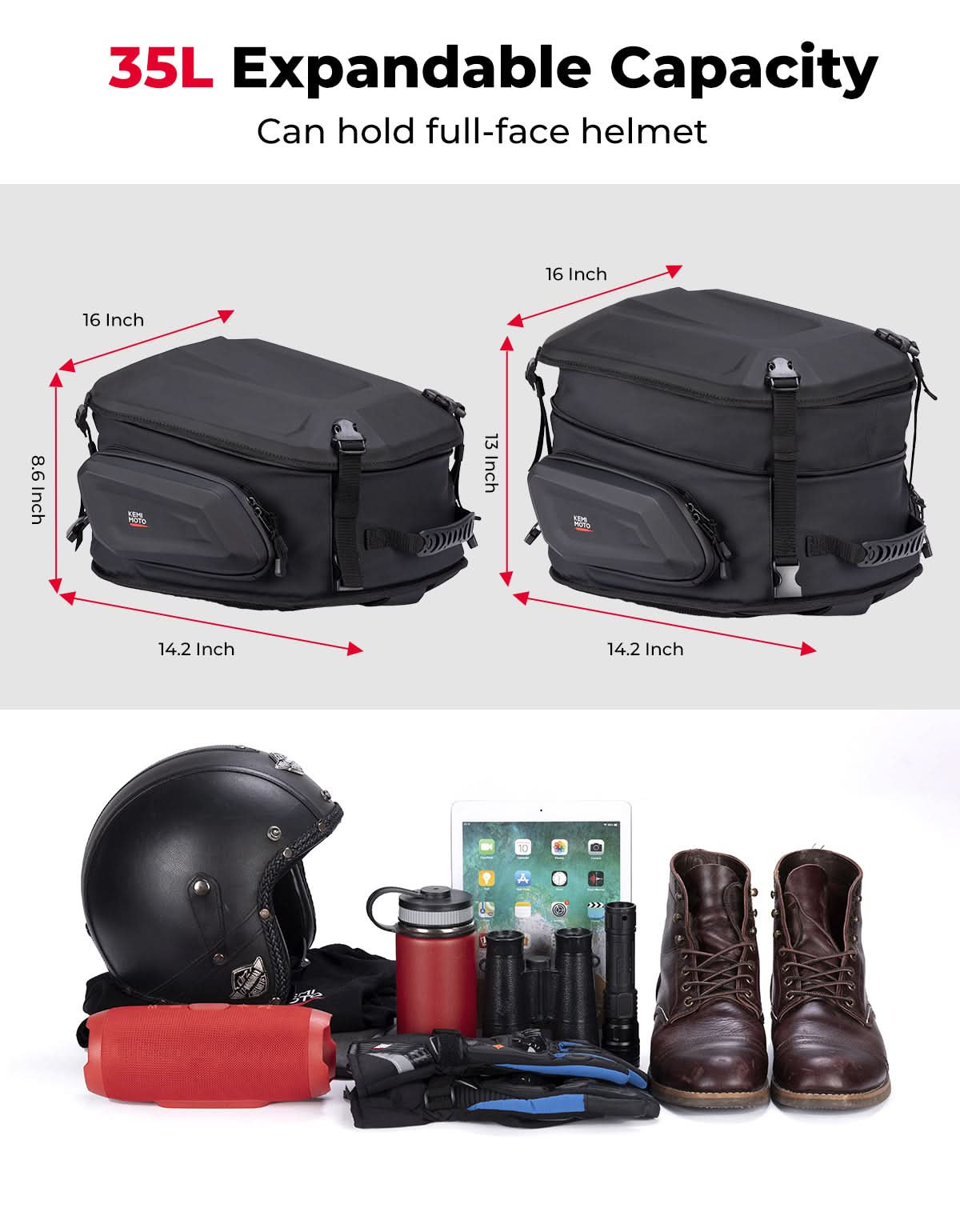 Motorcycle Hard Shell Tail Bag 23-35L Expandable Waterproof - Image 2